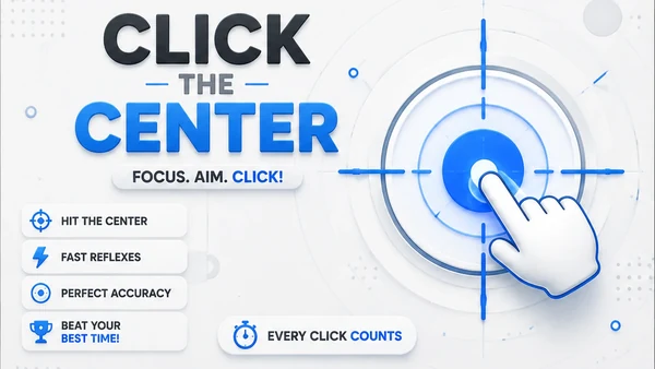 Click the Center browser mini game artwork — a white hand cursor tapping the glowing blue bullseye of a crosshair target on a clean light background under the Click the Center logo