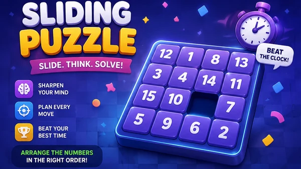 Sliding Puzzle browser mini game artwork — glossy white and gold SLIDING PUZZLE logo beside a glowing purple 4x4 number tile board with one empty slot, a purple alarm clock and floating confetti shapes