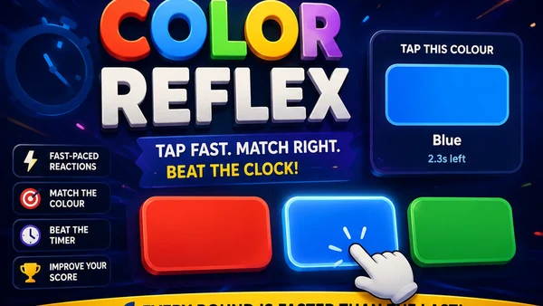 Color Reflex browser mini game artwork — bold 3D COLOR REFLEX logo above a TAP THIS COLOUR prompt and red, blue and green tiles, with a hand tapping the glowing blue tile beside a countdown clock