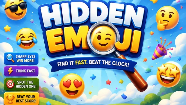 Hidden Emoji browser mini game artwork — a magnifying glass revealing a winking smiley among floating emojis under a bright blue sky