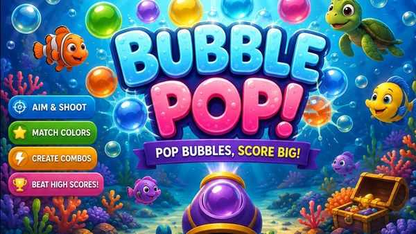Bubble Pop browser mini game artwork — colourful glossy bubbles floating through a bright underwater coral reef with cartoon fish, a turtle and a purple bubble shooter beneath the Bubble Pop logo