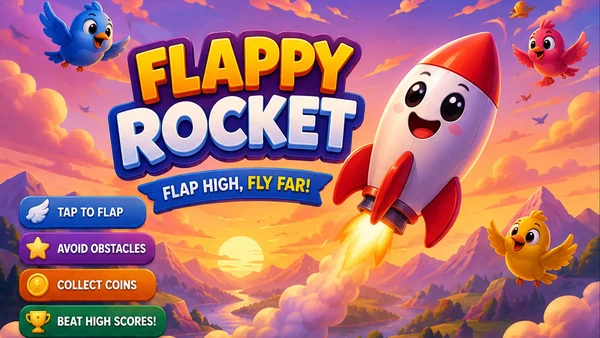 Flappy Rocket browser mini game artwork — a smiling white and red cartoon rocket blasting through golden sunset clouds past cheerful flying birds and purple mountains under the Flappy Rocket logo