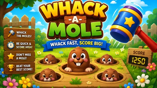 Whack-a-Mole browser mini game artwork — cartoon moles popping out of wooden holes in a sunny flower meadow as a big blue and yellow star mallet swings down, under the Whack-a-Mole logo