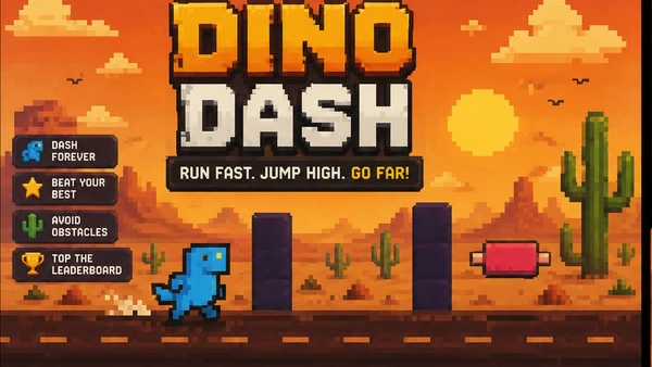 Dino Dash browser mini game artwork — a blue pixel-art dinosaur sprinting past cacti and obstacle blocks across an orange desert sunset under the Dino Dash logo