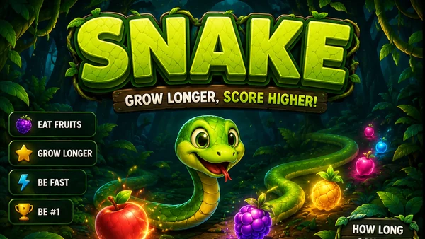 Snake Dash browser mini game artwork — a smiling cartoon green snake coiling through a glowing jungle floor surrounded by shining apples, berries and pineapples under the Snake logo