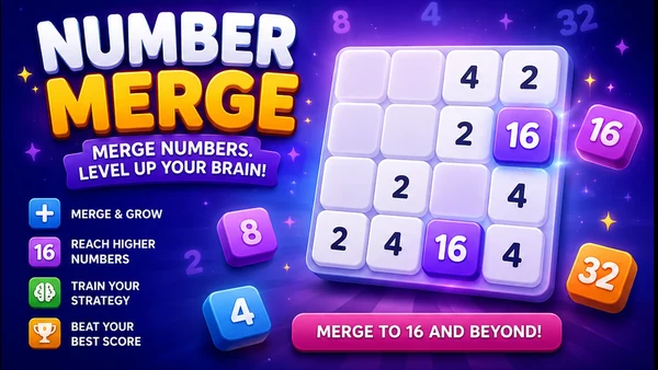 Number Merge browser mini game artwork — bold white and gold NUMBER MERGE logo with a MERGE NUMBERS. LEVEL UP YOUR BRAIN! banner beside a glossy 3D 4x4 tile board showing 2, 4 and 16 tiles, with floating purple 8, 16 and orange 32 blocks on a deep purple starfield