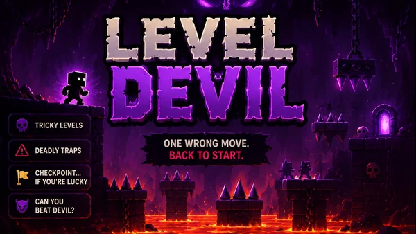 Level Devil browser mini game artwork — carved purple LEVEL DEVIL logo over a lava-lit dungeon of spike traps, chained crushers and a glowing portal, with a tiny pixel hero and the warning one wrong move, back to start