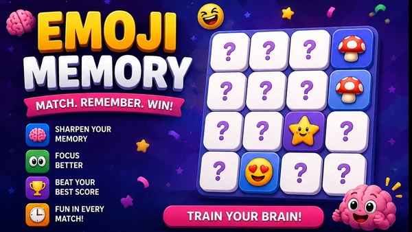 Emoji Memory browser mini game artwork — bold gold and white EMOJI MEMORY logo with a MATCH. REMEMBER. WIN! ribbon beside a purple grid of question-mark cards revealing star, heart-eyes and mushroom emojis, with a smiling pink brain character