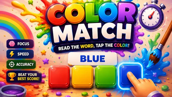 Color Match browser mini game artwork — colourful paint splashes, a stopwatch and a finger tapping a glowing blue button below the word BLUE
