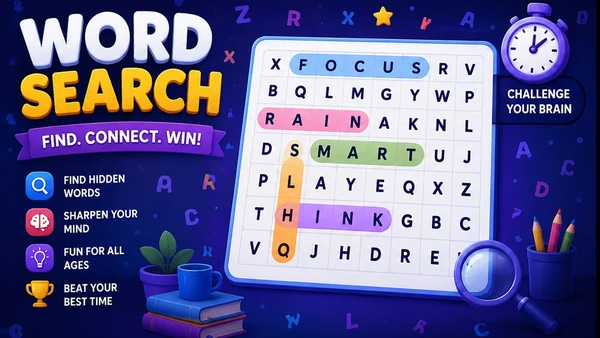 Word Search browser mini game artwork — glossy white and gold WORD SEARCH logo beside a letter grid with FOCUS, RAIN, SMART and THINK highlighted in colour, plus a magnifying glass and stopwatch on a deep blue background