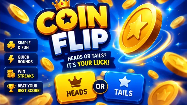 Coin Flip Streak browser mini game artwork — a giant golden star coin spinning through a burst of light with flying gold coins and glossy HEADS and TAILS buttons under the crowned Coin Flip logo