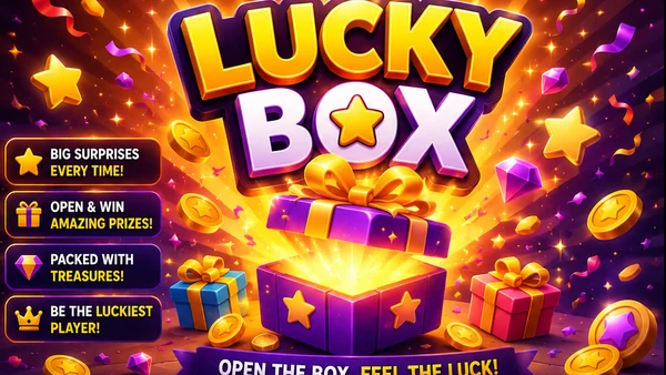 Lucky Box browser mini game artwork — a glowing purple gift box bursting open with golden light, stars, gems and coins under the Lucky Box logo